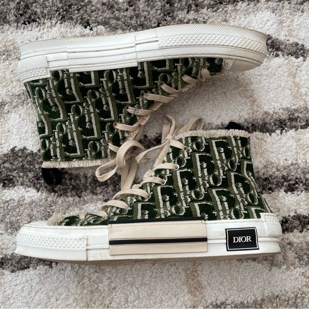 Men’s Dior B23 High Top Sneakers Green & White Oblique Tapestry - Picture 7 of 15
